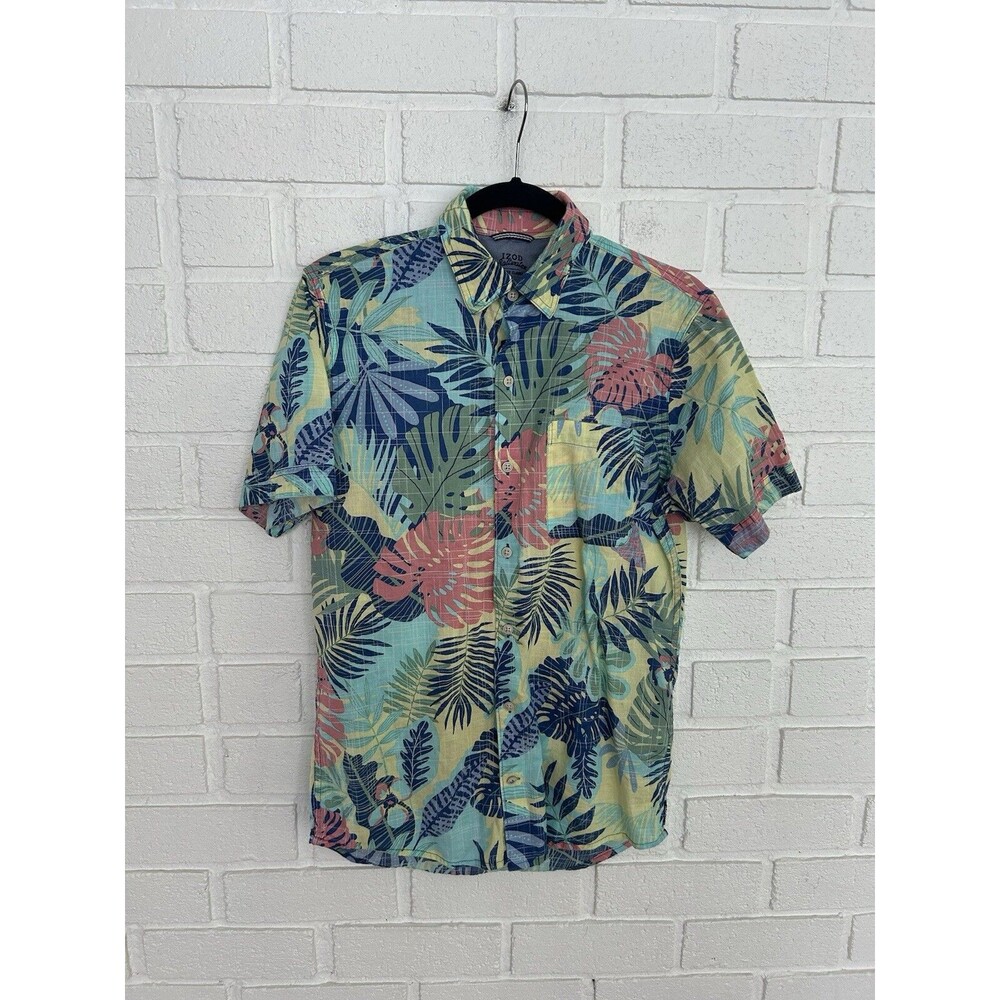 Izod Saltwater Button Up Shirt Mens Small Hawaiian Floral Short Sleeve Colorful
